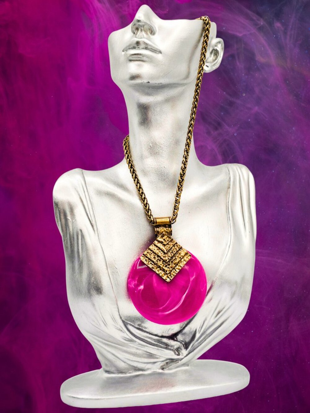 Vintage Style Hot Pink Resin Pendant Necklace Gold Tone Statement Necklace